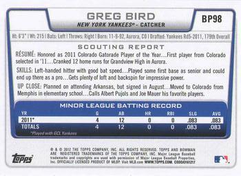 2012 Bowman - Prospects #BP98 Greg Bird Back