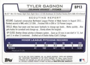 2012 Bowman - Prospects International #BP13 Tyler Gagnon Back