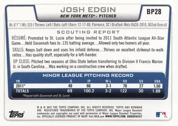 2012 Bowman - Prospects International #BP28 Josh Edgin Back