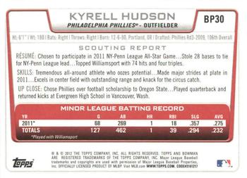 2012 Bowman - Prospects International #BP30 Kyrell Hudson Back