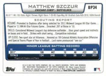 2012 Bowman - Prospects International #BP34 Matthew Szczur Back