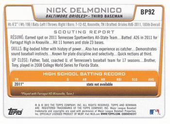 2012 Bowman - Prospects International #BP92 Nick Delmonico Back