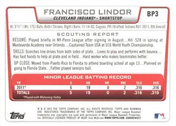 2012 Bowman - Prospects Purple #BP3 Francisco Lindor Back