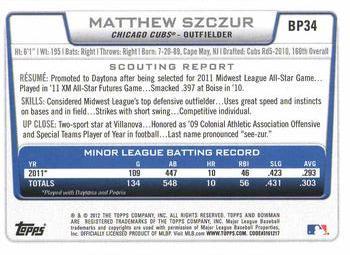 2012 Bowman - Prospects Purple #BP34 Matthew Szczur Back