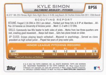 2012 Bowman - Prospects Purple #BP56 Kyle Simon Back