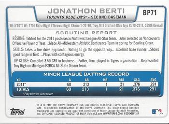 2012 Bowman - Prospects Silver Ice #BP71 Jonathon Berti Back