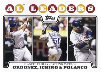 2008 Topps #15 AL Leaders: Batting Average (Magglio Ordonez / Ichiro / Placido Polanco) Front
