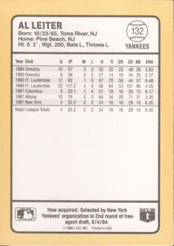 1988 Donruss Baseball's Best #132 Al Leiter Back