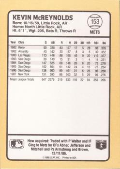 1988 Donruss Baseball's Best #153 Kevin McReynolds Back
