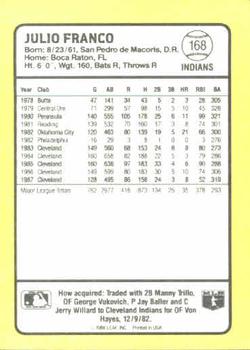 1988 Donruss Baseball's Best #168 Julio Franco Back