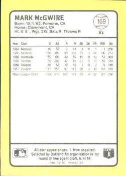1988 Donruss Baseball's Best #169 Mark McGwire Back