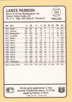 1988 Donruss Baseball's Best #184 Lance Parrish Back