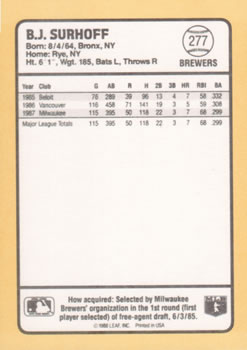 1988 Donruss Baseball's Best #277 B.J. Surhoff Back