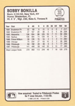 1988 Donruss Baseball's Best #33 Bobby Bonilla Back