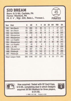 1988 Donruss Baseball's Best #45 Sid Bream Back