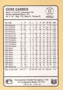 1988 Donruss Baseball's Best #63 Gene Garber Back