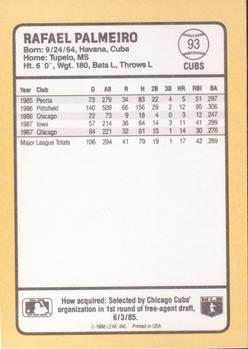 1988 Donruss Baseball's Best #93 Rafael Palmeiro Back