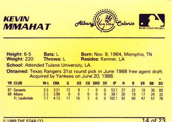1989 Star Albany-Colonie Yankees #14 Kevin Mmahat Back
