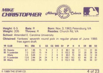 1989 Star Albany-Colonie Yankees #4 Mike Christopher Back