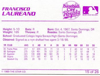 1989 Star Baseball City Royals #15 Francisco Laureano Back