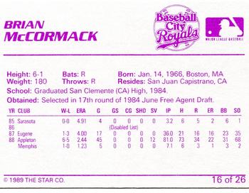 1989 Star Baseball City Royals #16 Brian McCormack Back