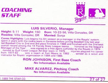 1989 Star Baseball City Royals #27 Coaching Staff (Luis Silverio / Ron Johnson / Mike Alvarez) Back