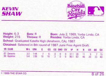 1989 Star Baseball City Royals #8 Kevin Shaw Back