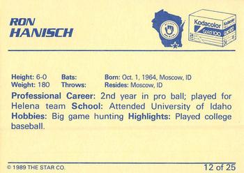1989 Star Beloit Brewers II #12 Ron Hanisch Back