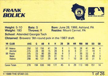 1989 Star Beloit Brewers I #1 Frank Bolick Back