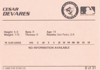 1989 Star Bluefield Orioles #8 Cesar Devarez Back