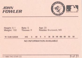 1989 Star Bluefield Orioles #9 John Fowler Back