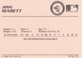 1989 Star Bluefield Orioles #14 John Marett Back