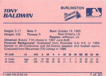 1989 Star Burlington Braves #1 Tony Baldwin Back
