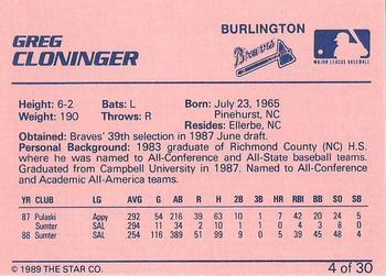 1989 Star Burlington Braves #4 Greg Cloninger Back