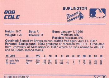1989 Star Burlington Braves #5 Bob Cole Back