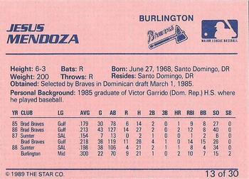 1989 Star Burlington Braves #13 Jesus Mendoza Back