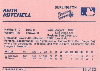 1989 Star Burlington Braves #15 Keith Mitchell Back