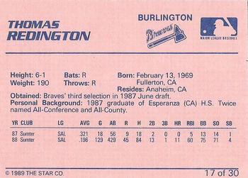 1989 Star Burlington Braves #17 Thomas Redington Back
