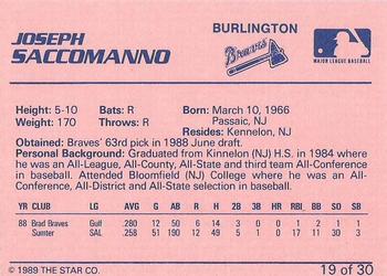 1989 Star Burlington Braves #19 Joseph Saccomanno Back