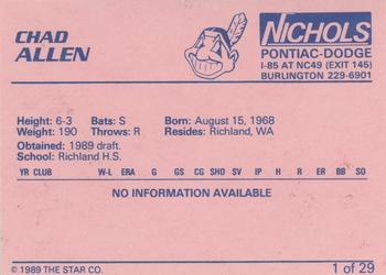 1989 Star Burlington Indians #1 Chad M. Allen Back