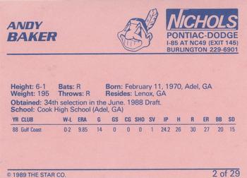 1989 Star Burlington Indians #2 Andy Baker Back