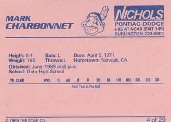 1989 Star Burlington Indians #4 Mark Charbonnet Back