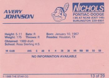 1989 Star Burlington Indians #13 Avery Johnson Back