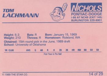 1989 Star Burlington Indians #14 Tom Lachmann Back