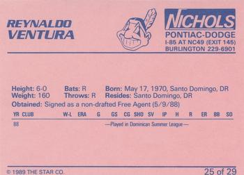 1989 Star Burlington Indians #25 Reynaldo Ventura Back