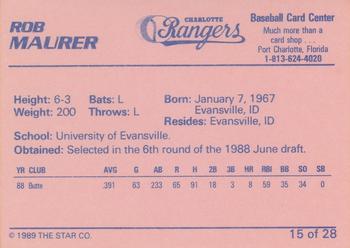 1989 Star Charlotte Rangers #15 Rob Maurer Back