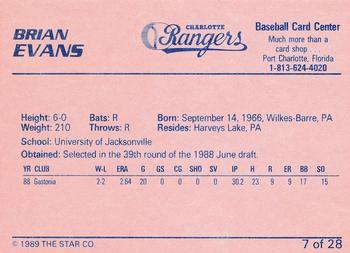 1989 Star Charlotte Rangers #7 Brian Evans Back