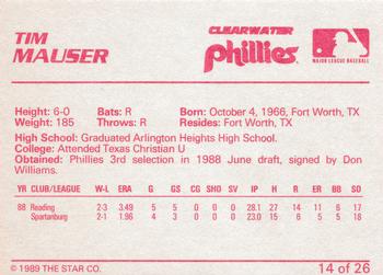 1989 Star Clearwater Phillies #14 Tim Mauser Back
