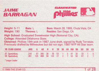 1989 Star Clearwater Phillies #1 Jaime Barragan Back