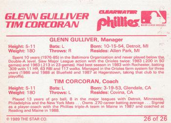 1989 Star Clearwater Phillies #26 Glenn Gulliver / Tim Corcoran Back
